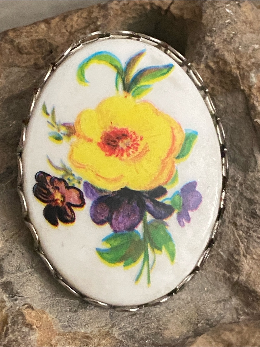 Vintage 70s Porcelain Floral Violets & Yellow Rose Broach